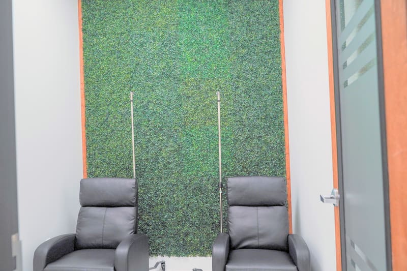 Two recliner chairs in front of a green plant wall