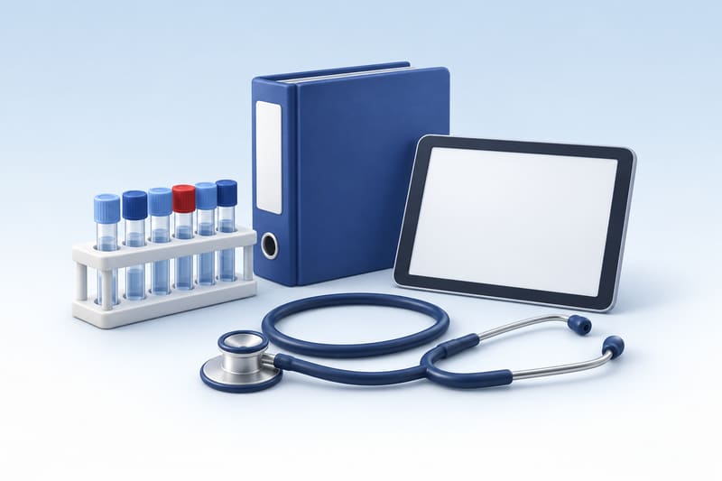 Illustration of study folders, sample tubes, a tablet and a stethoscope