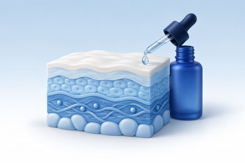 Illustration of skin layers beside a dropper bottle