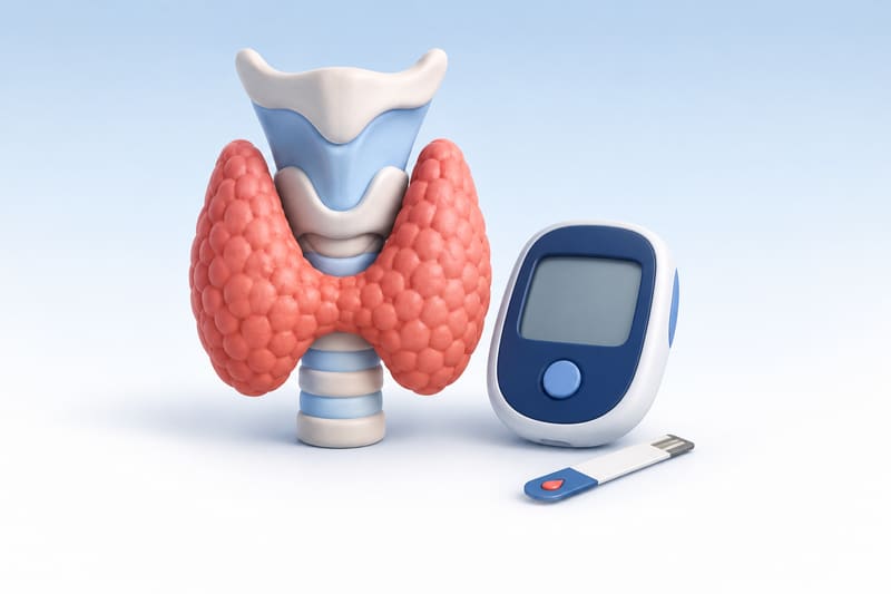 Illustration of a thyroid gland beside a blood glucose meter
