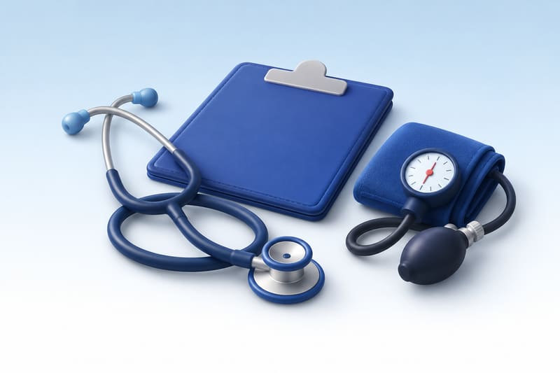 Illustration of a clipboard, stethoscope and blood pressure cuff