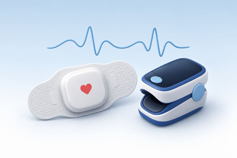 Illustration of a heart monitor patch and a fingertip sensor
