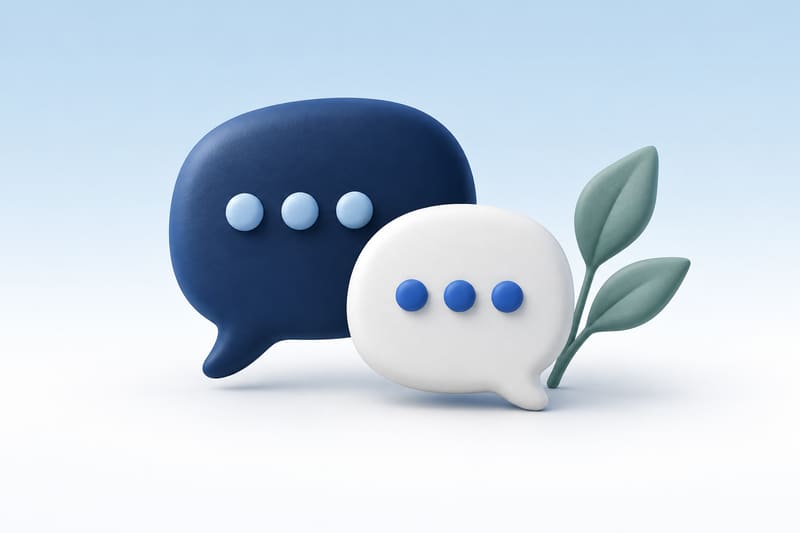Illustration of two speech bubbles beside a sprig of leaves