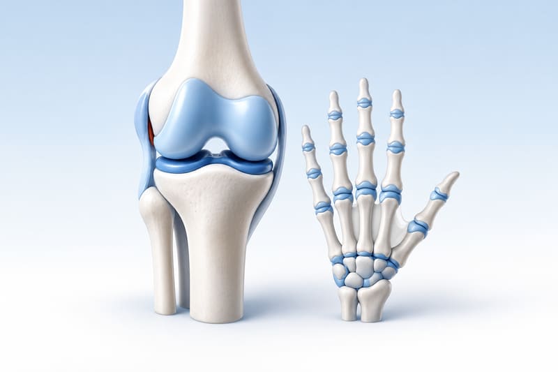 Illustration of a knee joint and the bones of a hand