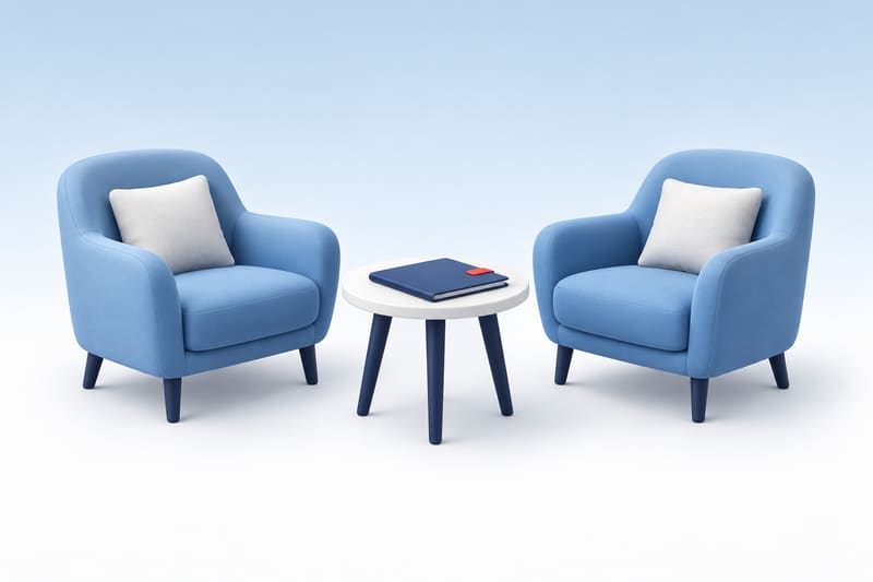 Illustration of two chairs facing a small table