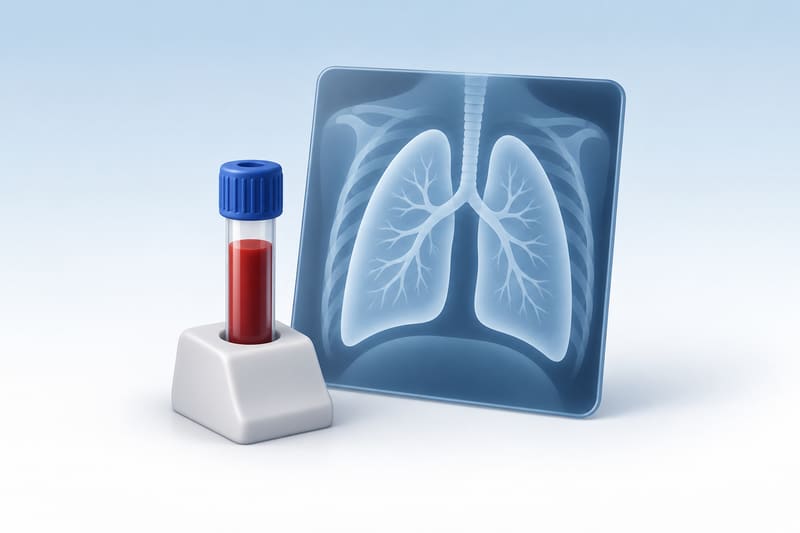 Illustration of a blood sample beside a lung scan