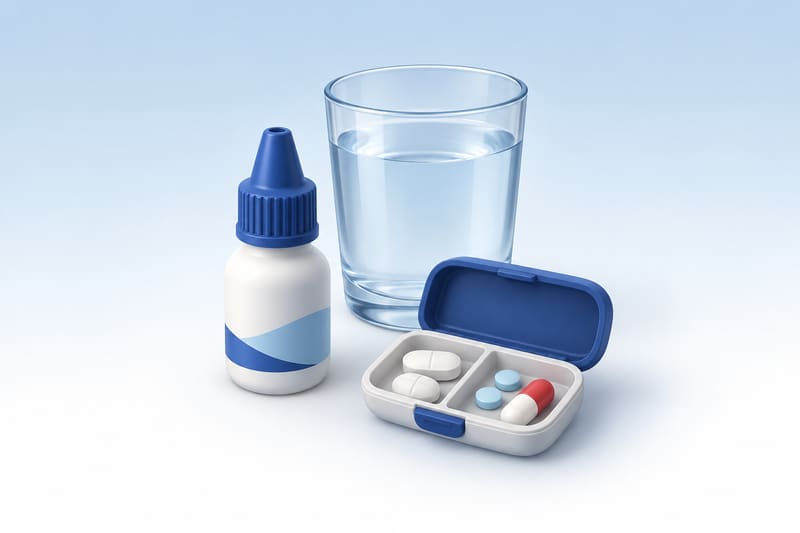 Illustration of eye drops, a glass of water and a pill case