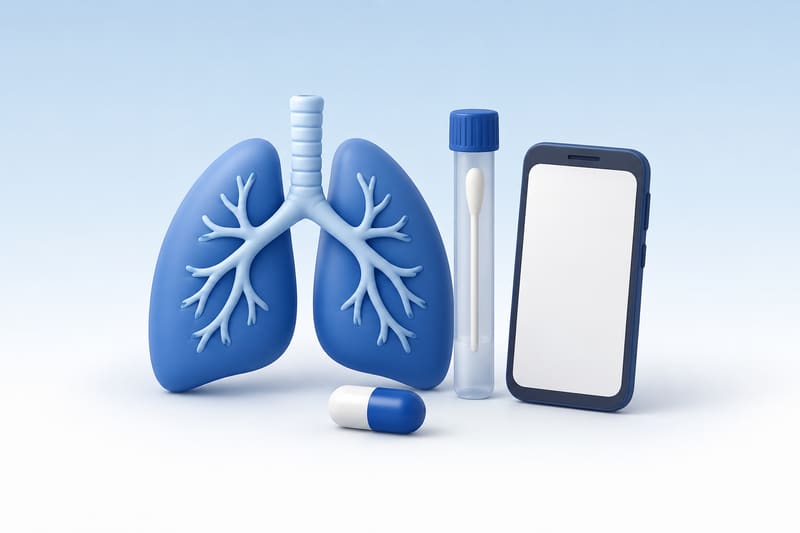 Illustration of lungs beside a phone, sample tube and capsule