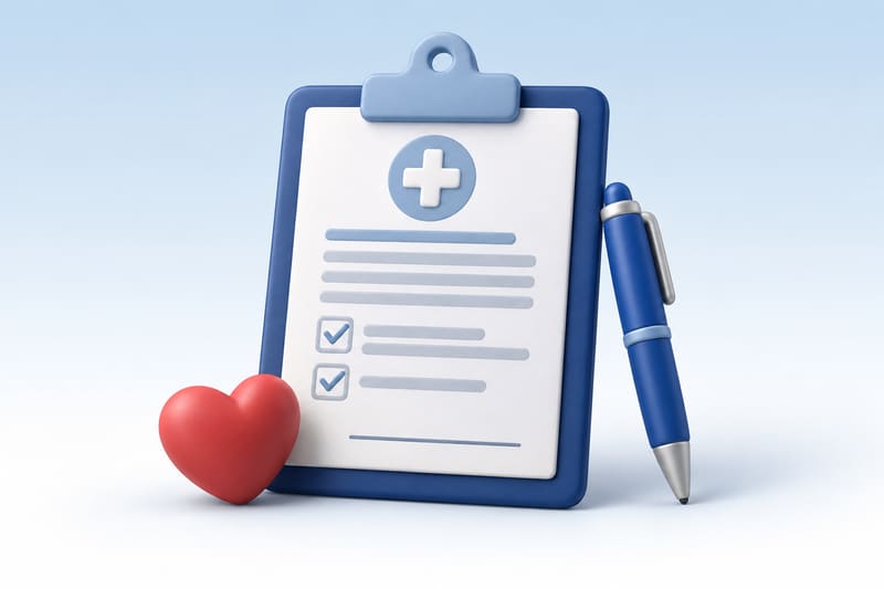 Illustration of a health checklist beside a heart and pen